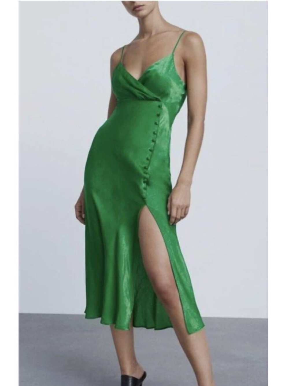 Zara Green Satin Slip Midi Dress with Side Button Detail
